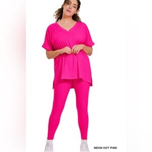 NEW!Plus Size 3X Zenana Outfitters Women's Neon Hot Pink Loungewear Set